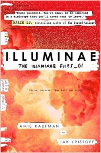 Cover of Illuminae by Amie Kaufman, featuring an orange explosion with some parts whited-out as if censored.